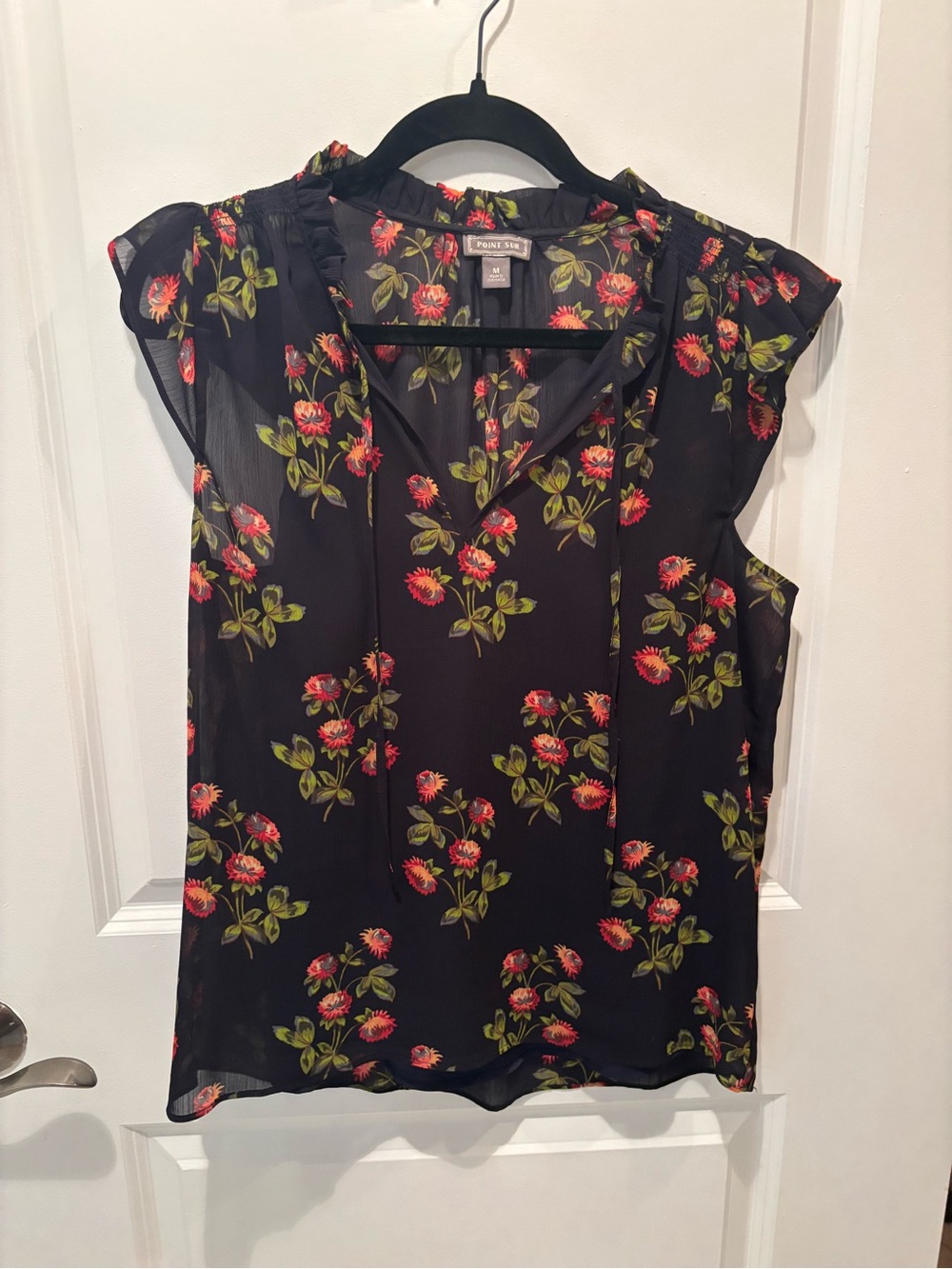 Point Sur by J Crew Navy Floral Ruffled V-Neck Cap Sleeve Blouse